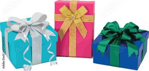 Colorful Gift Boxes with Ribbons and Bows, Festive Design for Holidays, Birthdays, and Special Occasion Illustrations