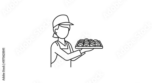 Baker Holding Tray of Freshly Baked Pastries, Offering Sweet Treats