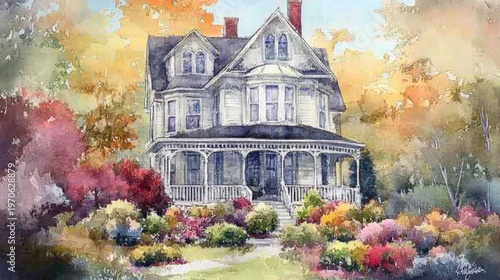 Autumnal Victorian House Watercolor Painting