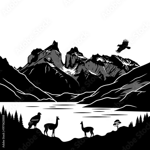 Nature's Silhouette: A striking black and white illustration of majestic mountains, serene lake, and local fauna comes together in this beautiful landscape.