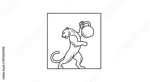 Black and white illustration of a panther lifting a kettlebell, symbolizing strength and fitness.