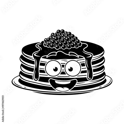 Smiling Pancake Delight: A stack of cheerful pancakes with syrup and caviar on a plate, radiating joy and appealing.