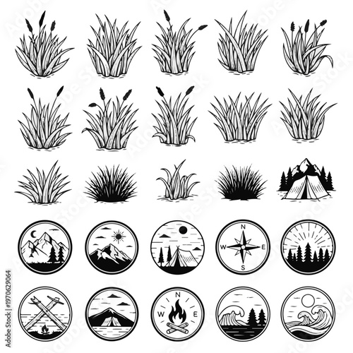 Camping Outdoor Adventure Elements Collection Featuring Mountains Tent Compass and Forest Illustrations