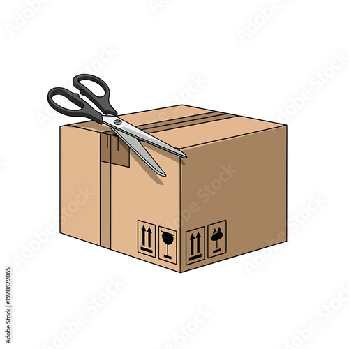 Package Opening: A cardboard box, neatly sealed, is poised to be opened, a pair of scissors resting on top, ready to unveil the contents within.