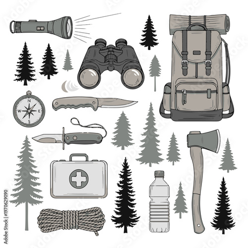 Camping Outdoor Adventure Gear Collection Hand Drawn Vector Illustration of Essential Camp Equipment