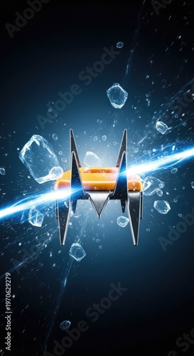 Futuristic spacecraft navigates a cosmic nebula with glowing energy beam