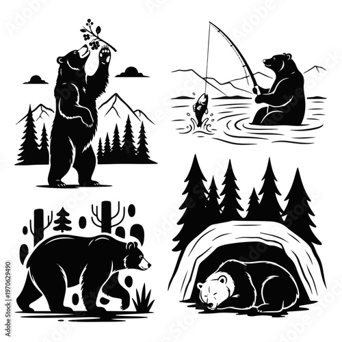 Bear Wildlife Forest Nature and Animal Silhouettes in Various Camp Outdoor Adventures