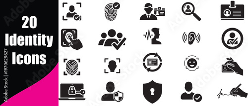 Collection of twenty black identity icons representing verification security and personal data