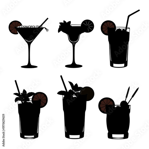 Silhouette of Beverages: Dark silhouettes of diverse beverage glasses, ready to serve as a great collection of icons