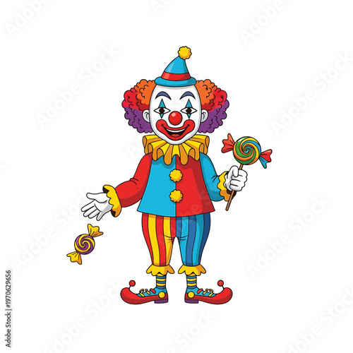 Clown's Joyful Candy Offering: A jovial clown, dressed in vibrant attire, extends an invitation to delight with a pair of colorful candies. A visual treat for all ages.