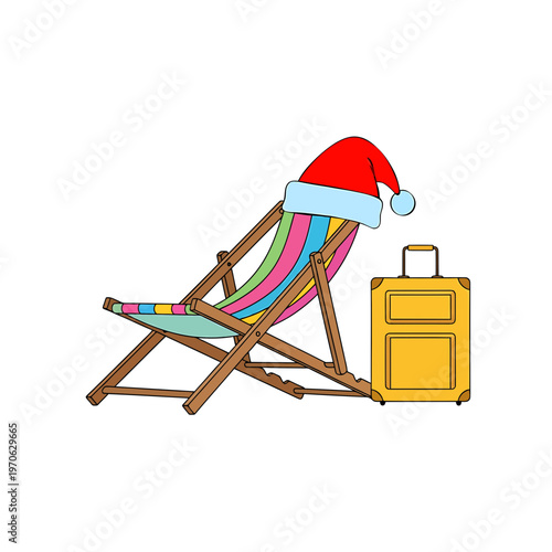 Christmas Beach Getaway: A whimsical depiction of a Santa hat adorning a beach chair next to a suitcase, combining the joy of Christmas and the allure of a beach vacation.