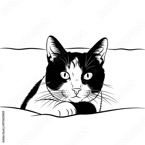 Cute Cat: A charming black and white cat peeks over an object, its expressive eyes captivating viewers with their innocent gaze. 