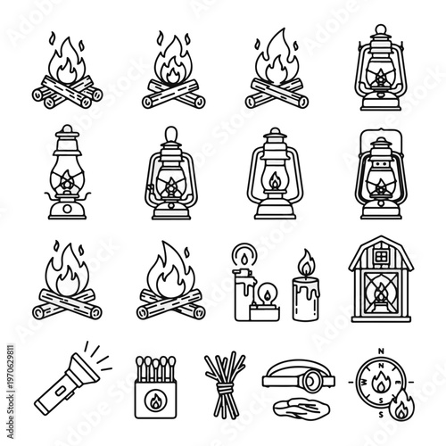 Camp Fire Icons Set with Lanterns Matchbooks Flashlight Compass and Outdoor Adventure Symbols
