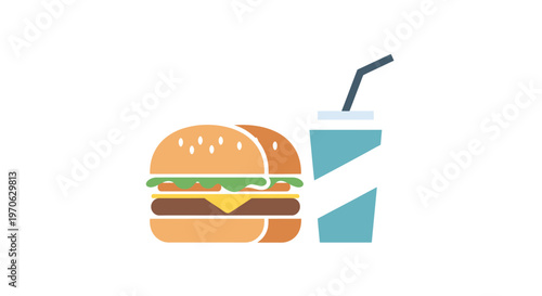 Minimalist flat icon illustration of a classic cheeseburger and a refreshing beverage, representing a typical fast-food meal on a clean white background