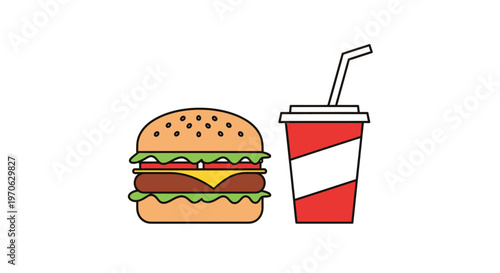 Minimalist flat vector illustration of a delicious cheeseburger and a refreshing soda drink icon. Clean design on a white background, ideal for fast food menus, applications, and web design