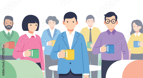 Seven diverse professionals in business casual attire stand together while holding colorful mugs in a bright office environment.