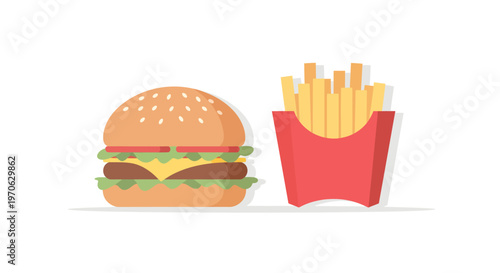 Minimalist flat vector illustration of a classic hamburger and golden crispy french fries combo, isolated on a clean white background, perfect for quick meal designs