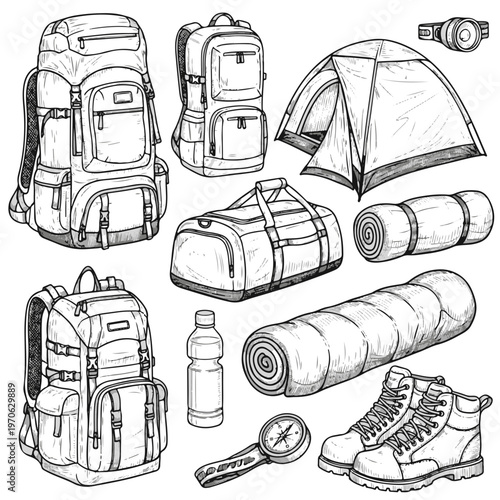 Camp Gear Essentials Backpack Tent Sleeping Bag Hiking Boots Compass Water Bottle Duffel Bag Set