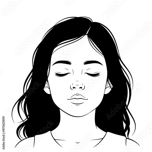 Serene Contemplation: An elegant illustration of a woman with her eyes softly closed, evoking a sense of tranquility and introspection. The delicate linework emphasizes the quiet beauty of the moment.