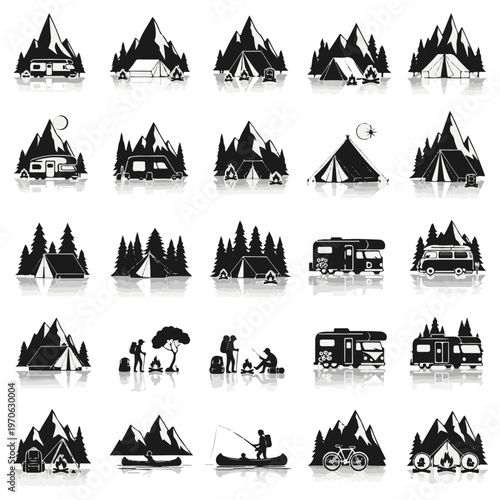 Camp Icons Set of Tents Mountains Rvs Campfires Hikers Canoes Bikes Outdoors Travel Adventure