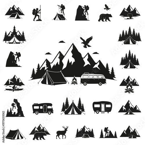 Camp Mountain Wildlife and Outdoor Adventure Silhouette Icons Set for Design Projects