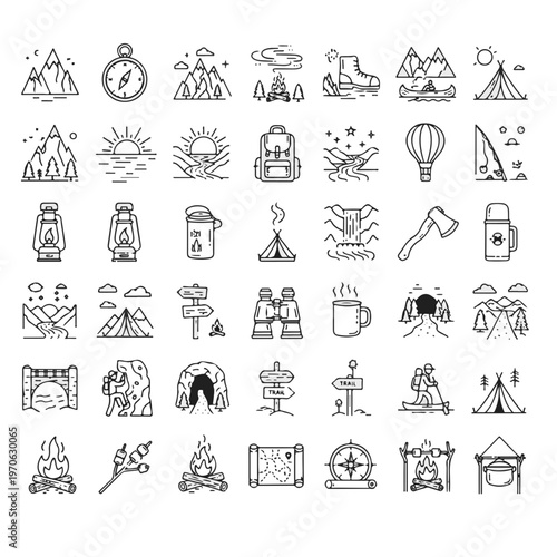Camp Outdoor Adventure Icons Set Line Art for Hiking Tents Backpacks Compasses Campfires and Nature
