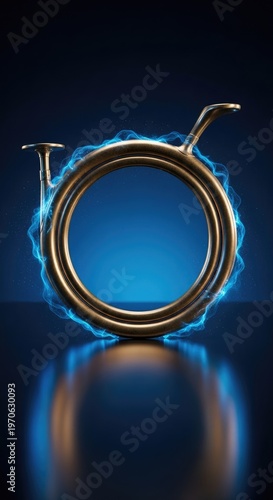 Mystical golden horn radiating with vibrant blue energy against a dark, reflective background