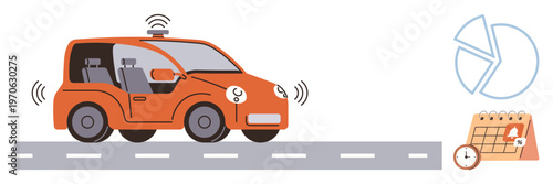 Innovation, future transportation, smart technology, data analysis, scheduling, automation. Self-driving car with charts and calendar. Innovation and future transportation