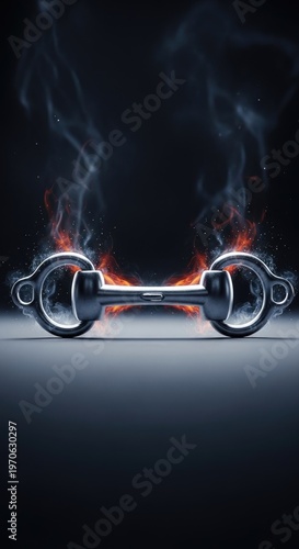 Powerful metal horse bit glowing with fiery energy and smoke, symbolizing strength and control