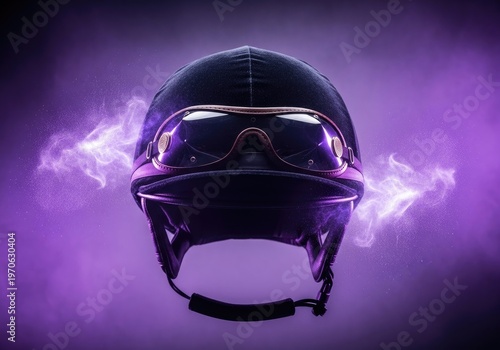 Futuristic motorcycle helmet with glowing purple energy streams emanating outwards