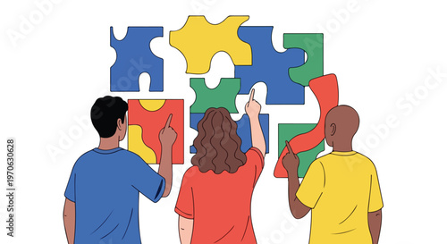 Three diverse people are seen from behind as they work together to assemble a large, colorful jigsaw puzzle, symbolizing creative team collaboration.