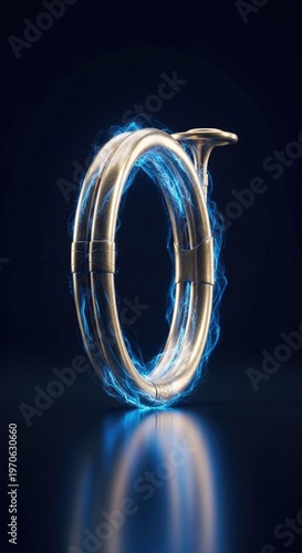 Golden horn instrument glowing with vibrant blue energy on a dark, reflective surface