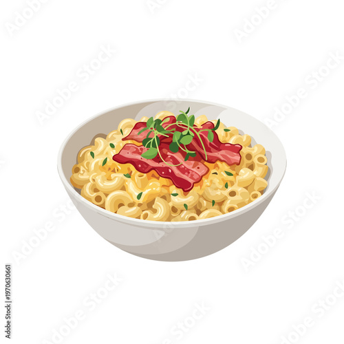 Delicious Bacon Mac and Cheese: A mouthwatering bowl of classic macaroni and cheese, generously topped with crispy bacon and fresh herbs, is a culinary delight, perfect for comfort food cravings.
