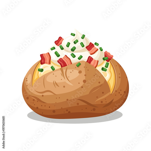 Delectable Baked Potato with Toppings: A mouthwatering, perfectly baked potato, generously topped with a dollop of creamy sour cream, crisp bacon bits, and vibrant chives.