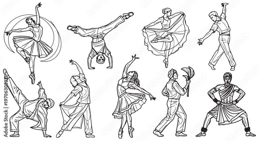 Obraz premium Dancers Outline Character Set - Performing Arts People Vector Collection