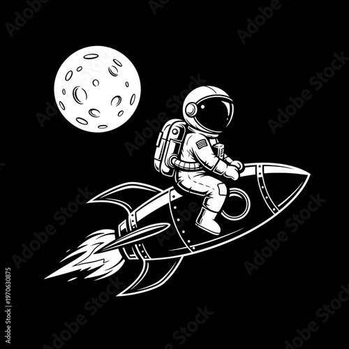 Astronaut's Cosmic Journey: A lone astronaut embarks on an interstellar adventure, riding a retro rocket towards a large, detailed moon. This artistic vector captures the wonder of space exploration