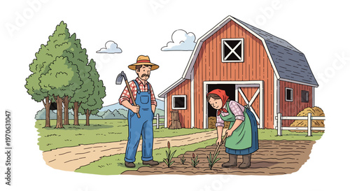 Farmers Working on Farmland Vector Illustration - Rural Agriculture Scene