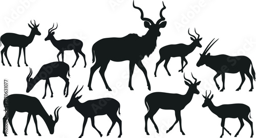 Set of Ten Black Antelope and Gazelle Silhouettes on White.