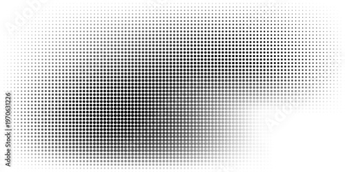 Grunge halftone angular gradient. Distress fade noise background. Retro pixel background texture. Black and white sand wallpaper. Vector textured grid surface. Anime or manga comic overlay.