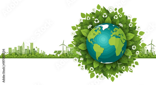 A vibrant vector illustration promoting an eco lifestyle concept showcases a green globe surrounded by leaves and recycle icons, with a cityscape silhouette and windmills against a clean