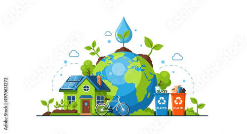 Illustrated vector design promoting an eco lifestyle concept, showcasing a globe adorned with leaves and a water droplet, flanked by recycle icons on bins, with a green house and bicycle