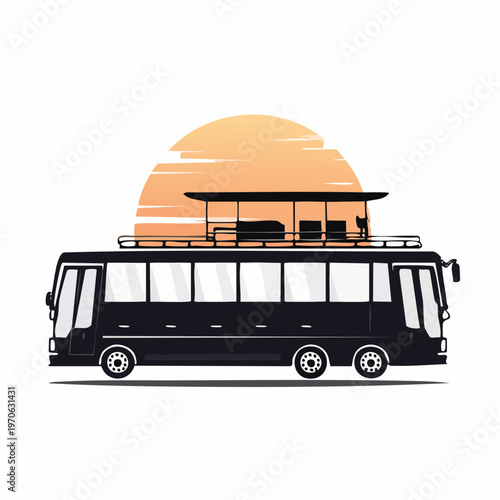 Bus with rooftop seating against a sunset vector illustration, public transportation bus from multiple views