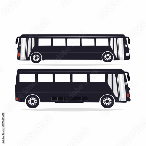 Two dark blue buses shown from side view public transportation bus from multiple views public transport passenger bus