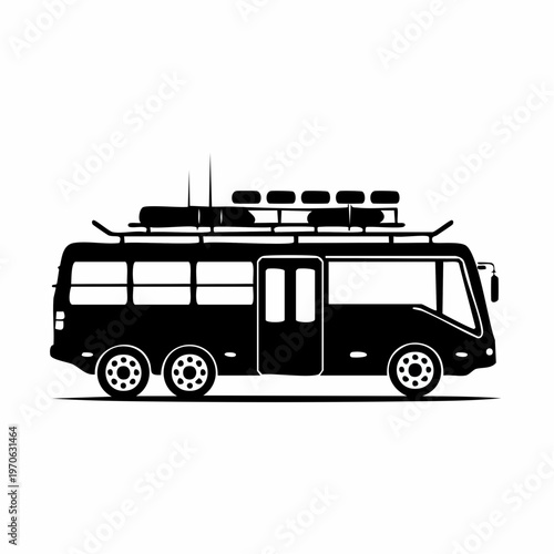Black silhouette of a bus with roof racks and luggage, public transportation bus from multiple views, the illustration