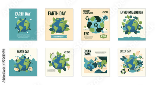 A collection of Earth Day vector designs showcase the planet adorned with green leaves and recycle icons, symbolizing sustainability and environmental responsibility across social media