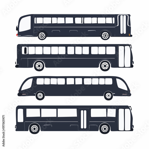 Collection of four diverse buses in various styles, public transportation bus from multiple views, an arrangement