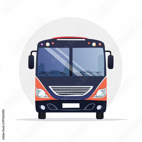 Front view of a modern public transportation bus from multiple views with the bus features a dark blue and orange