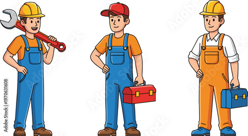 Construction Worker Character Set Featuring Cartoon Builders with Tools, Toolbox, Helmet, and Uniform for Industrial, Maintenance, and Professional Service Vector Illustration