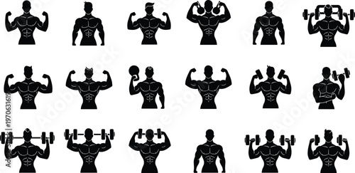 Collection of black silhouette male bodybuilders lifting weights and flexing muscles