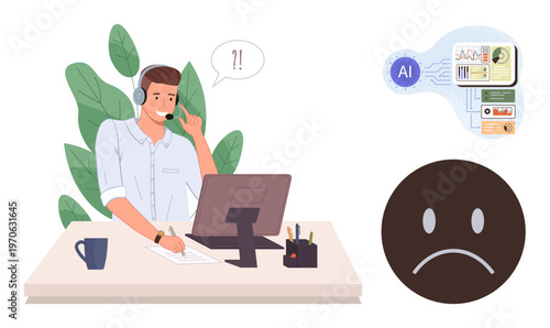 Customer experience, AI challenges, technical support, workplace stress, documentation, communication. Man on a call, AI process diagram unhappy face. Customer experience and AI challenges concept